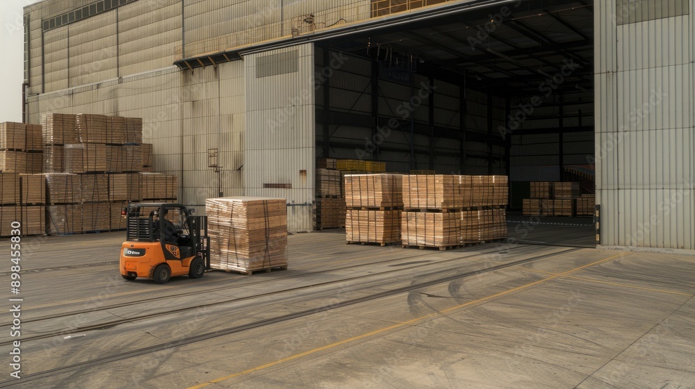 Poster a forklift stands in a busy warehouse with rows of shelves stacked with boxes, while a pallet with t