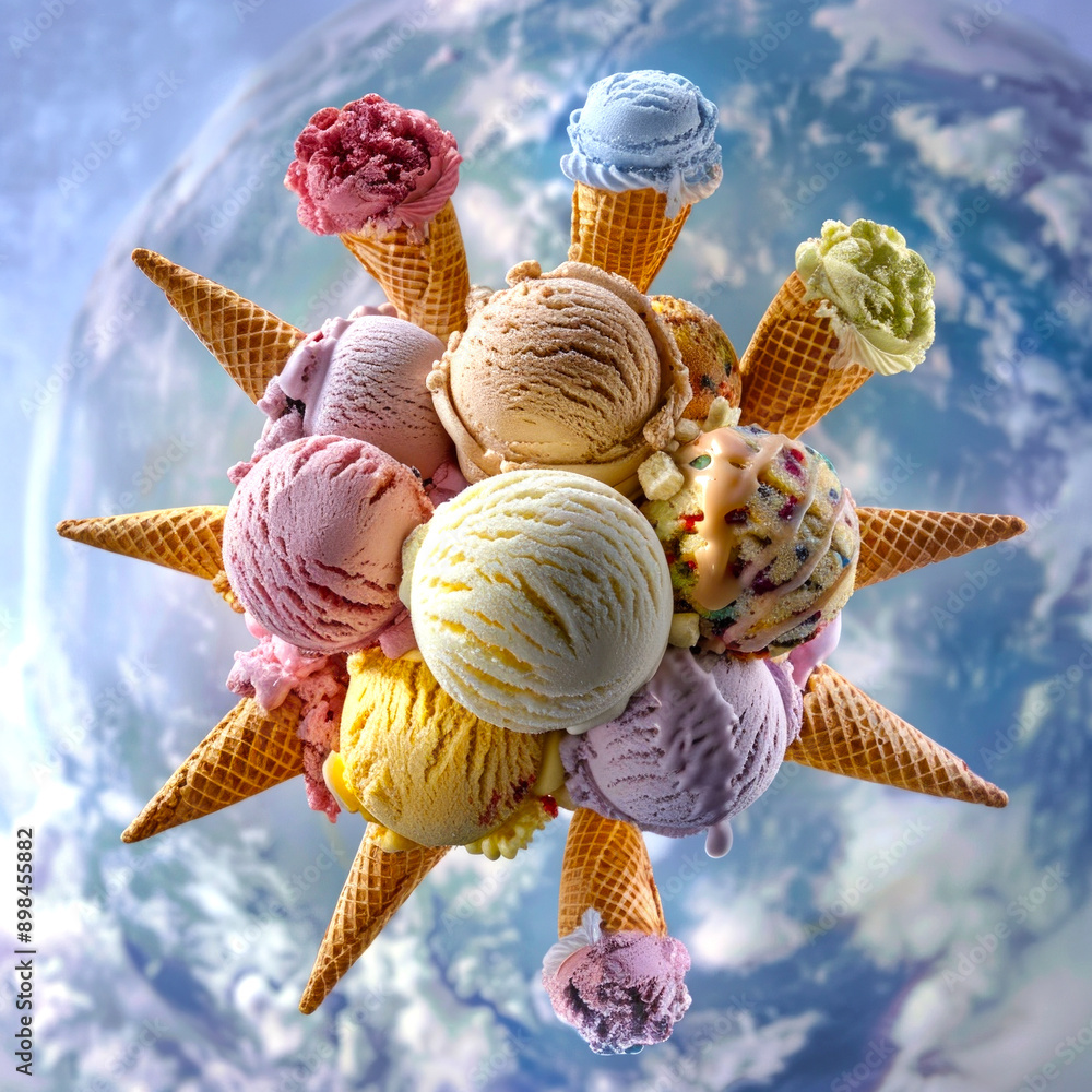 Aufkleber ice cream planet of colorful scoops in waffle cones. floating against a backdrop of a cloudy sky