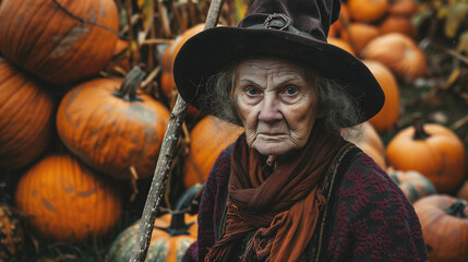 Portrait of an elderly woman in a witch costume at the pumpkin patch