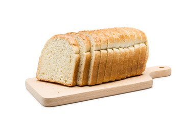 Sliced loaf of white bread on cutting board, isolated on white background.