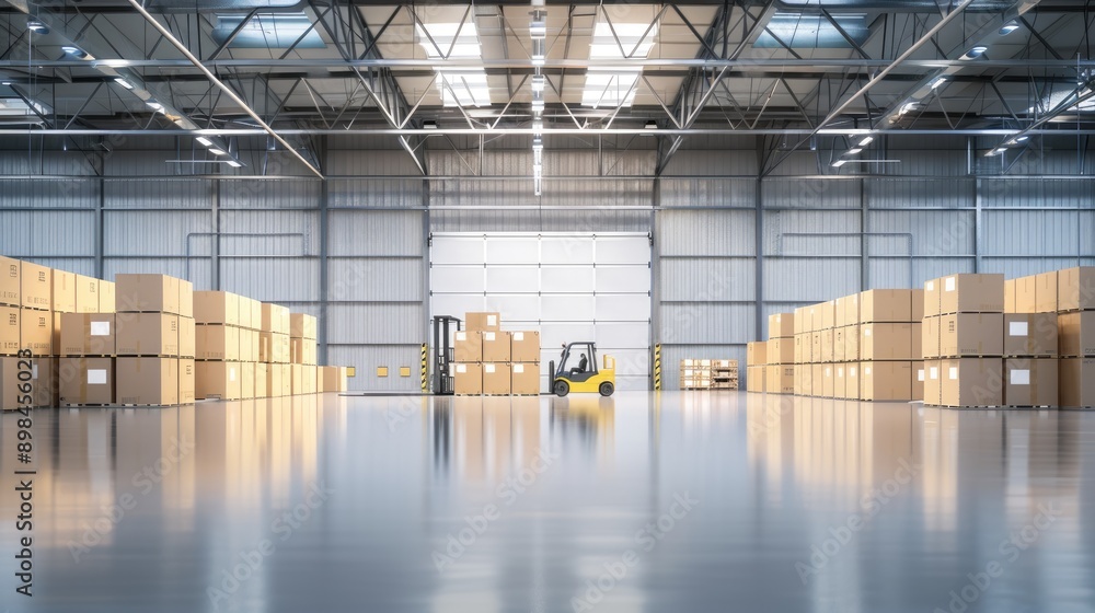 Poster a forklift stands in a busy warehouse with rows of shelves stacked with boxes, while a pallet with t