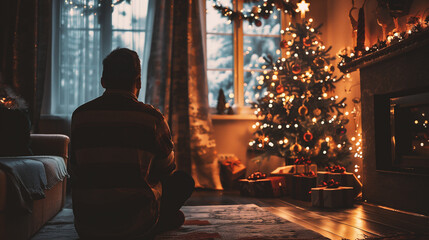 Fototapeta premium Silhouette of a man sitting on the floor near the Christmas tree