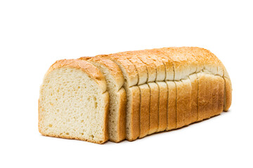 Sliced loaf of white bread isolated on white background.