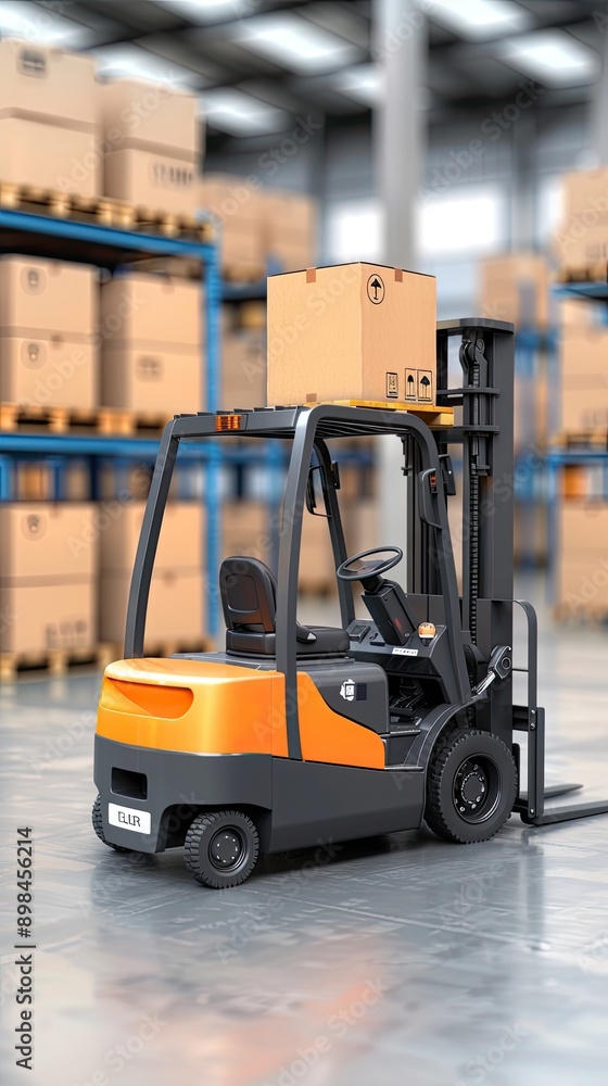 Poster a forklift stands in a busy warehouse with rows of shelves stacked with boxes, while a pallet with t
