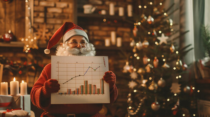 Santa Claus with financial graph on the background of the Christmas tree.