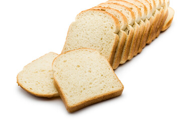 Sliced loaf of white bread isolated on white background.