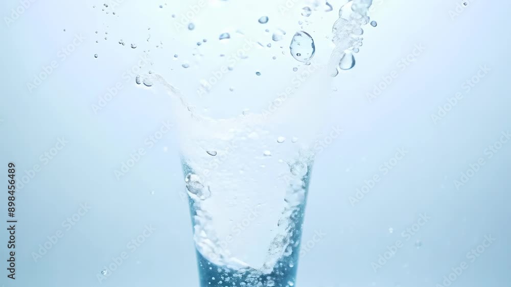 Poster a drop of water falls creating splashes and waves against a light background. concept: refreshment a