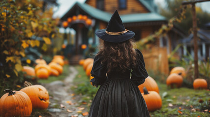 Young woman in black witch costume and hat posing in autumn park with pumpkins