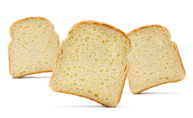 Slices of white bread front view on white background.