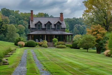 Fototapeta premium A picturesque country home featuring a rustic design set amidst lush green lawns and vibrant autumn trees under a dramatic cloudy sky