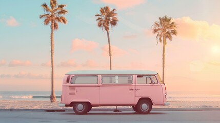 pink bus, California vibes background palm trees blue sky pink sunset