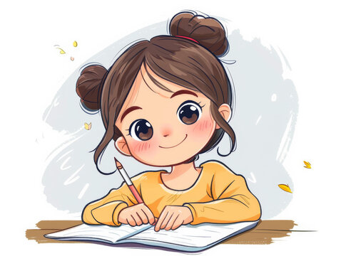 Fototapeta Cute cartoon girl student studying