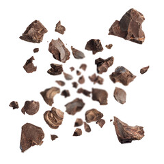 Dark chocolate flakes explosion, isolated on white background.