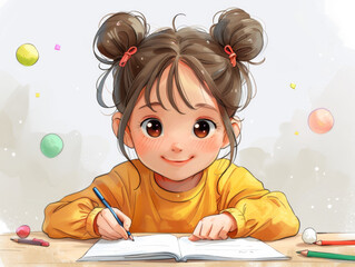 Cute cartoon girl student studying