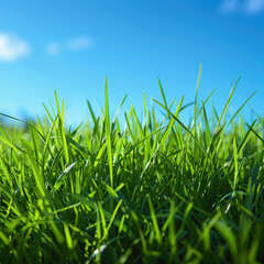 A field of green grass with a clear blue sky in the background. The grass is lush and vibrant, giving the impression of a healthy and thriving environment. The bright blue sky adds a sense of calm