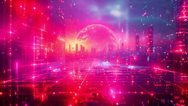 A digital cityscape with a glowing red planet in the background. - Powered by Adobe