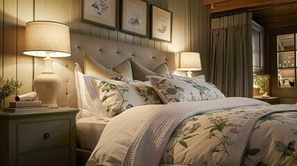 Bedroom decor, interior design and home decor, bed with elegant bedding and bespoke furniture, English country house, holiday rental and cottage style inspiration