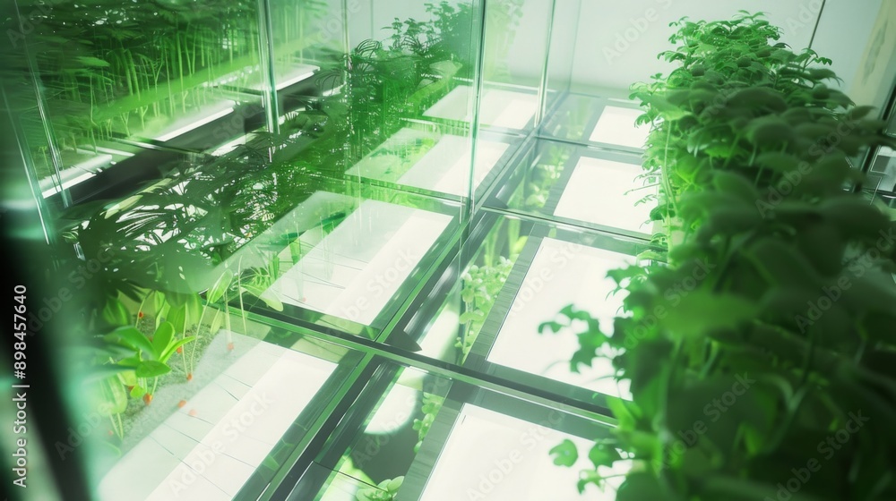 Aufkleber a close-up view of a vertical garden with plants growing in glass panels. the plants are illuminated