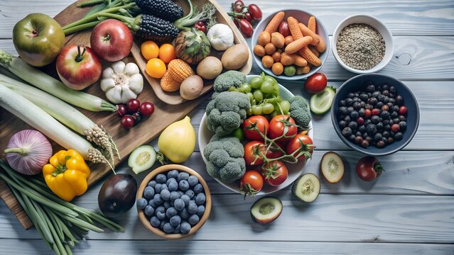 A variety of fresh fruits and vegetables neatly arranged on a wooden table.
