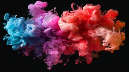 Colorful ink mixing on black background creating abstract shapes