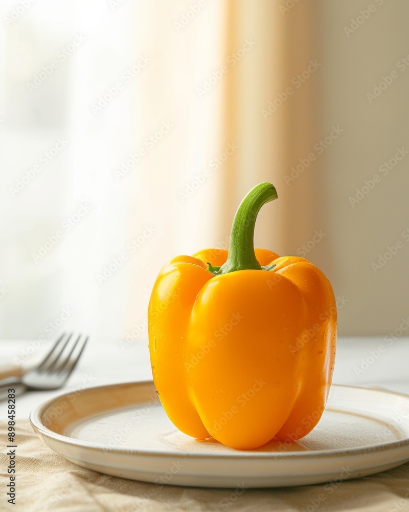 Poster still life of a yellow bell pepper on a plate with symmetrical utensils in abstract blurry backgroun