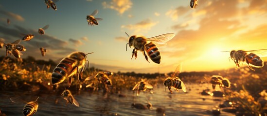 Fototapeta premium A swarm of bees flying around in the air at sunset