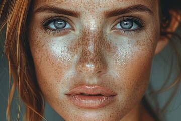 Close-up portrait of a freckled woman with intense blue eyes and glossy lips, highlighting natural beauty and detailed facial features