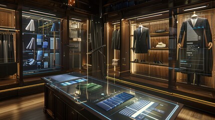 digital tailoring studio with body scanning technology and fabric selection guides on interactive displays