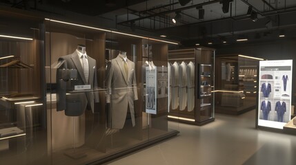 digital tailoring studio with body scanning technology and fabric selection guides on interactive displays