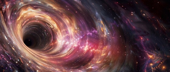 Obraz premium Swirling vortex of cosmic dust and gas, possibly a representation of a wormhole or black hole. The colors are vibrant and intense, ranging from deep blues and purples to fiery oranges and yellows. 