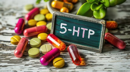 5-HTP capsules supplements on the table. Selective focus.