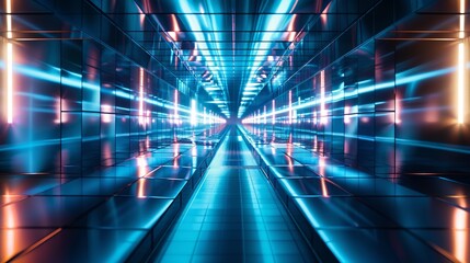 Futuristic metallic corridor glowing with blue and orange lights