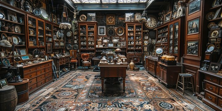An intricately decorated antique shop offering a wide array of vintage items including clocks, photographs, and furniture in a warm, nostalgic setting