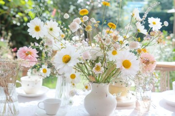 Cheerful Afternoon Garden Tea Party with Floral Arrangements and Eco-Friendly Decor amid Lush Greenery