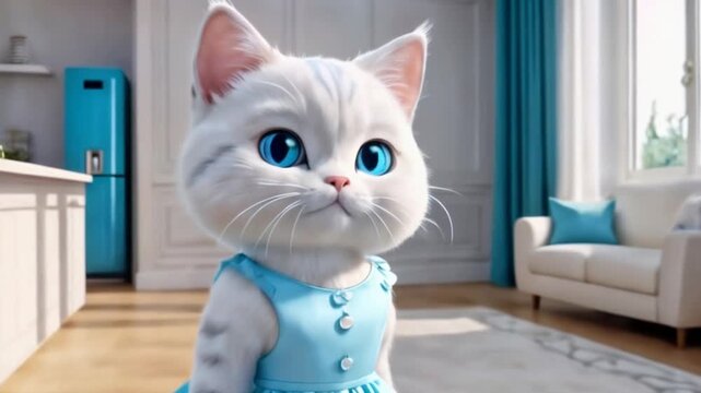 cartoon kitten, white cat in blue dress standing in room crying and looking at camera