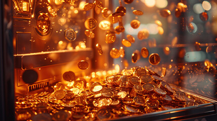 Golden Shower: A cascade of gold coins pours into a glass case, creating a mesmerizing display of wealth and prosperity. The image evokes feelings of abundance, success, and financial gain.