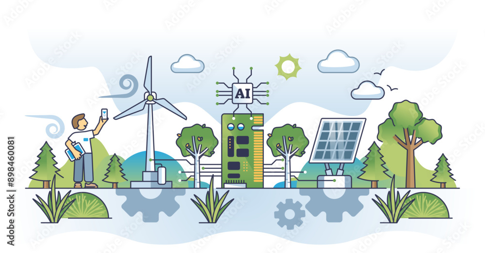 Poster green tech innovations and ai technology for eco power usage outline concept, transparent background