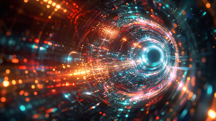 Obraz premium Neon Glowing Digital Tunnel in Cyberspace with Space for Text - Futuristic Technology Background