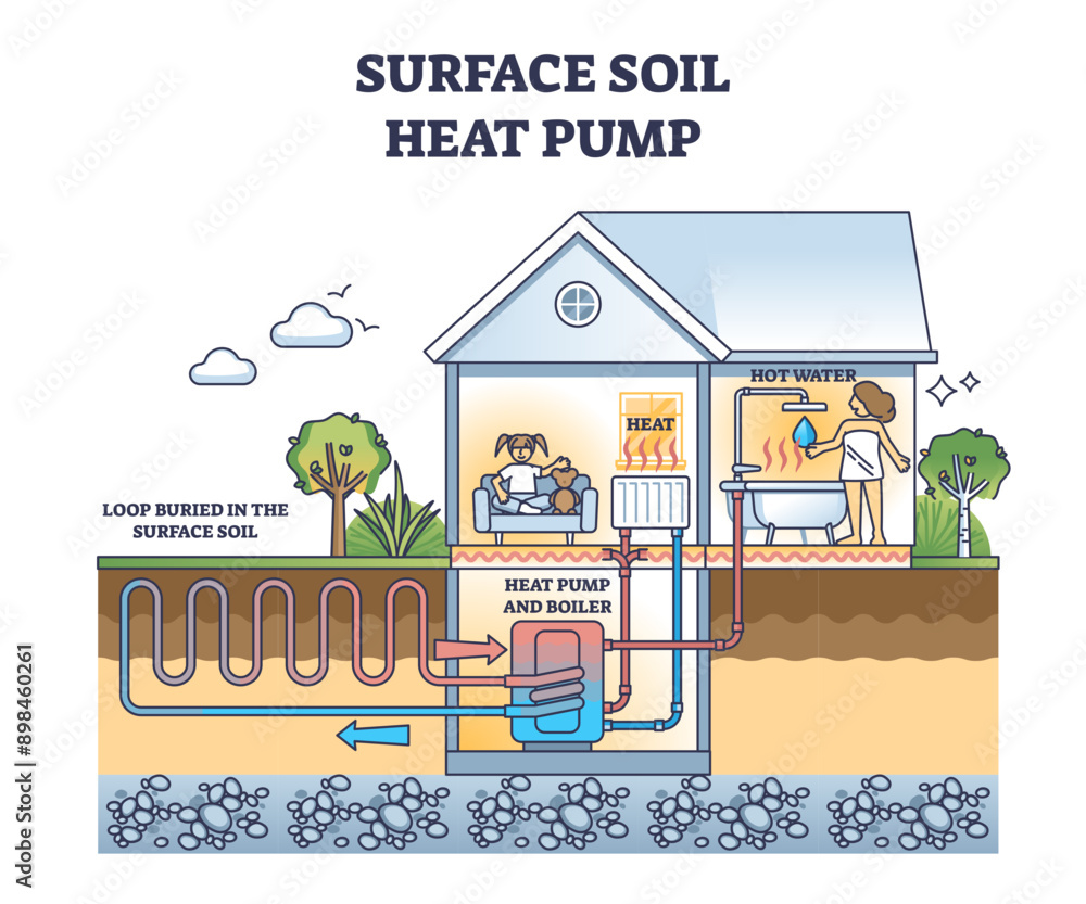 Aufkleber surface soil heat pump with pipeline loop to collect heat from ground outline diagram, transparent b