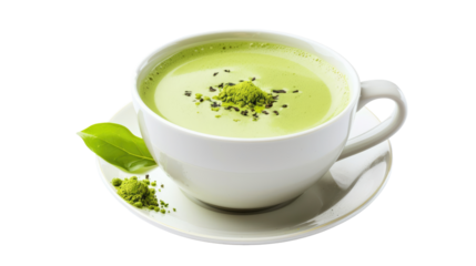 one cup of hot matcha latte isolated on transparent