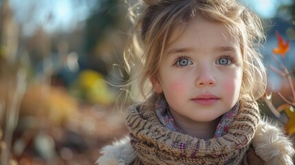 Fototapeta premium A beautifully captured portrait of a young girl with big blue eyes and a warm scarf standing outdoors amidst vibrant autumn foliage
