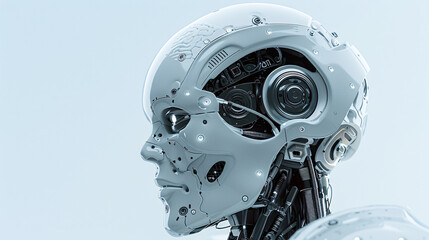 Fototapeta premium Futuristic Robot Head with X-Ray Brain Close-Up on Minimalist Background for Copy Space.