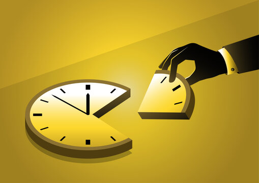 A business man hand stealing a slice of a clock