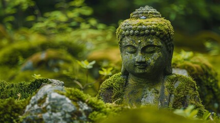 Fototapeta premium A highly detailed and serene image of a moss-covered Buddha statue, standing out vividly