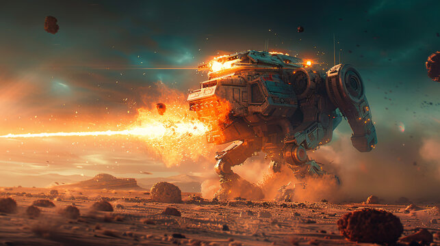 Futuristic Robot Combat on Alien Planet with Vivid Otherworldly Backdrop - Sci-Fi War Scene with Copy Space