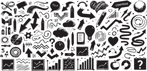 Charcoal hand drawn pencil arrows, business scribbles and circle boxes set. Chalk marker curved squiggle textured elements and lines. Vector illustration of freehand crayon sketch