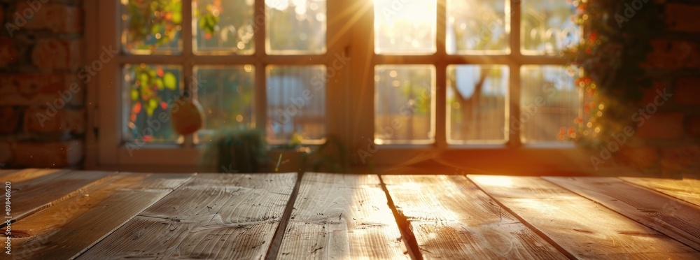 Canvas Prints Wooden kitchen table with blurred window and natural background