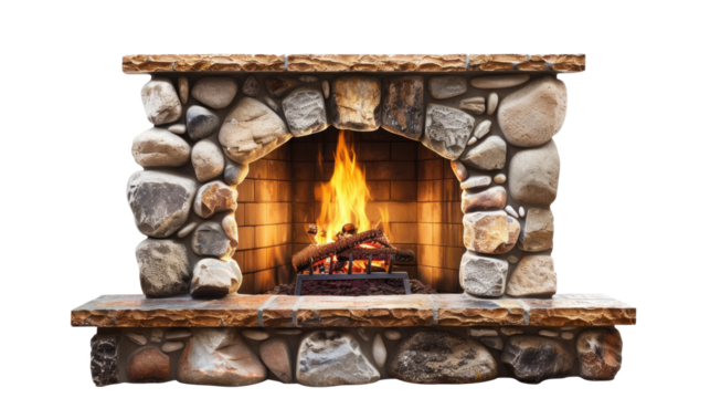 Burning fireplace with brickwork and wood shelf. Cozy home symbol, interior detail. Isolated template for invitation, card, Christmas, New Year