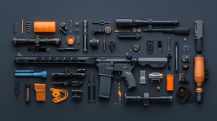 Fototapeta premium A comprehensive layout of various firearm components and accessories neatly arranged on a blue background.