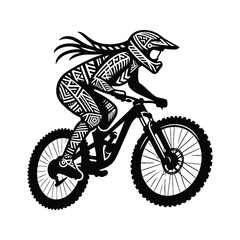 downhill Cycling  female player in ethnic polynesia pattern illustration, emblem shield badge